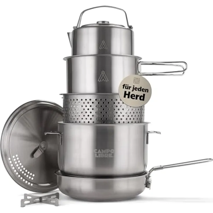 Campo Libre.® Enzo I Camping Kochgeschirr Set aus Edelstahl, induktionsgeeignet, 6-teilig mit Pfanne, Töpfen und Dämpfkörbchen, stapelbar