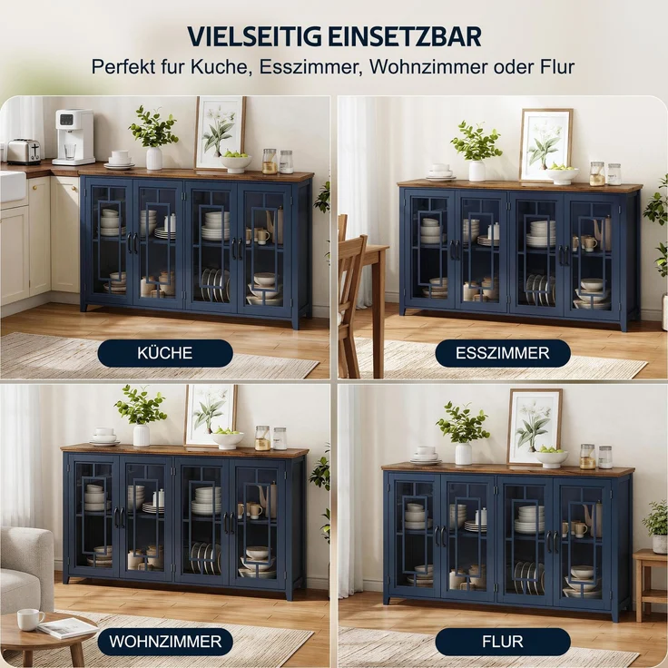 Merax 160cm Küchen-Sideboard mit Glastüren, einem geräumigen Staufach, einer Arbeitsplatte in Holzoptik und einer Kippsicherung, Blau – Bild 2