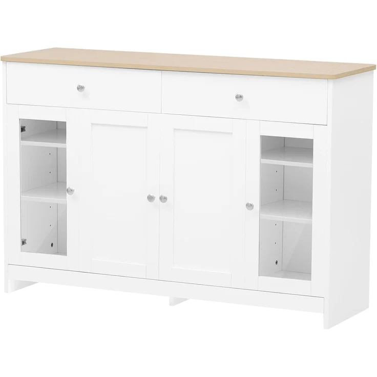 FurnitureR Moderne weiße Anrichte, Holzwerkstoff, Glasfenster, minimalistisch, vielseitige Lagerlösung, stilvolles Design für Wohnzimmer – Bild 6