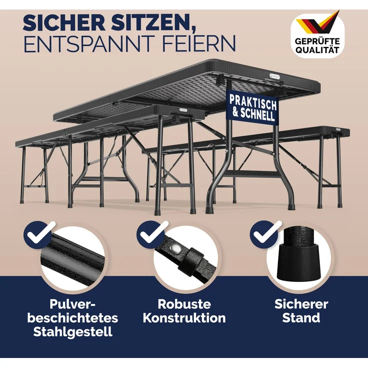 Casaria 'Malmö' Bierzeltgarnitur, 3-teilig, klappbar, Polyrattan schwarz, 180 x 75 x 73 cm – Bild 3