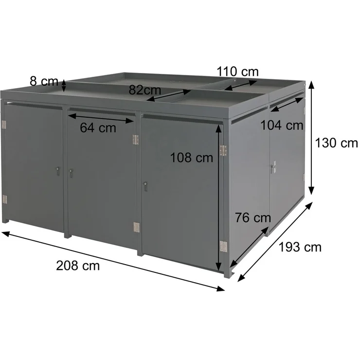 Mendler 3er-Mülltonnenverkleidung / 2er-Fahrradgarage mit Pflanzkasten HWC-N79, abschließbar, Metall anthrazit, 130x193x208 cm – Bild 3