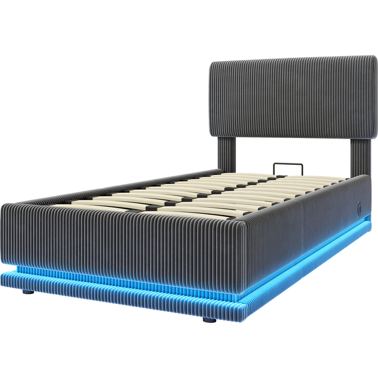 Polsterbett, Cord-Samt mit LED & USB-Anschluss, Stauraum, 91x207x102/107/112 cm, Dunkelgrau, ohne Matratze – Bild 9