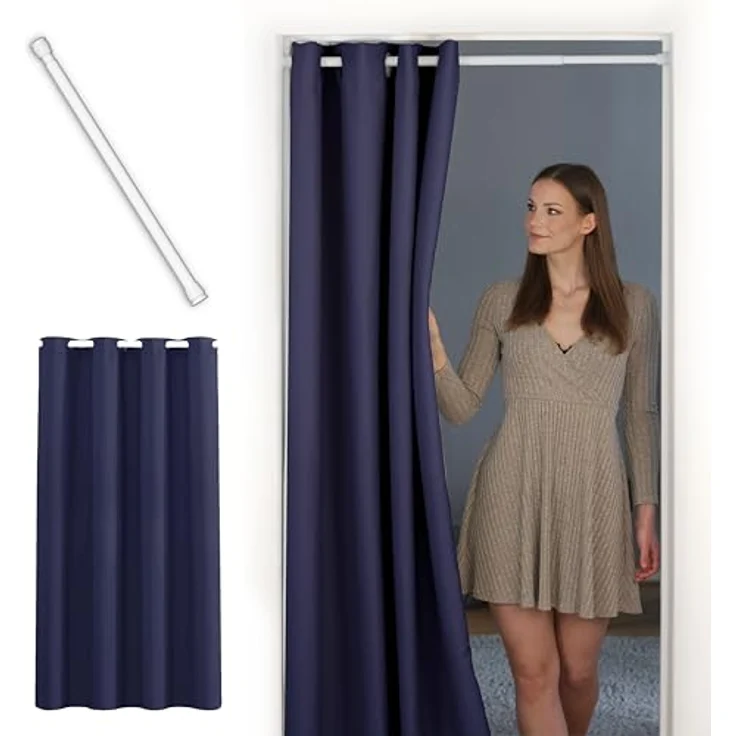 tinycurtains Türvorhang mit Stange weiß 70-120 cm Thermo Vorhang ohne Bohren, blickdicht, Ösen, verdunkelnd, Polyester, dunkelblau Ocean, Türgardine mit Klemmstange Raumtrenner Vorhang Tür – Bild 2