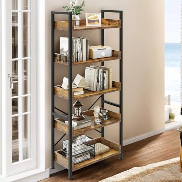 YITAHOME Bücherregal mit 5 Ebenen, Bodenstehende Standregal mit stabilem Stahlrahmen, Regaleinheit, Industrielles Aufbewahrungsregal mit 4 Haken, für Wohnzimmer, Heimbüro, Vintagebraun Lagerregale – Bild 4