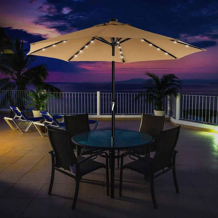 Sonnenschirm mit LED-Solar-Beleuchtung und Kurbel, knickbar, Metall taupe, Ø 3 m – Bild 1