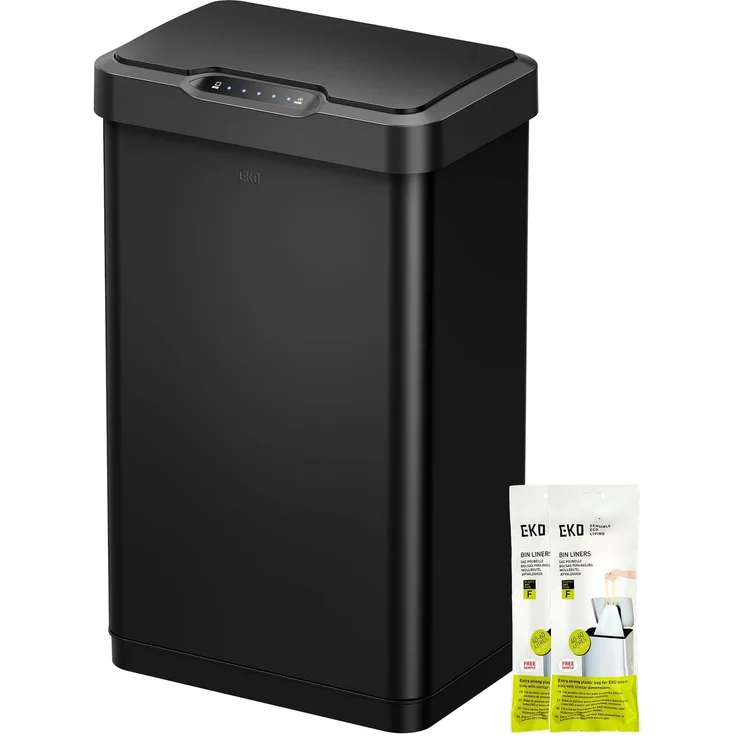 EKO Mirage-T 50L Mülleimer mit Sensor, Edelstahl Automatischer Abfalleimer für die Küche, rechteckiger elektrischer Mülleimer, Soft Closing Deckel, Fingerabdruckresistente, Matt Schwarz