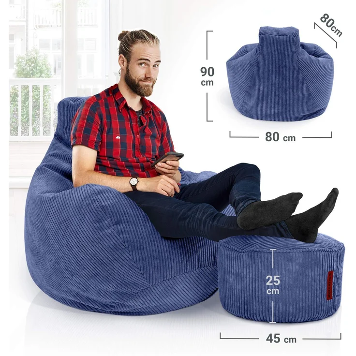 Green Bean® Sitzsack mit Hocker aus Cord - Sitzsäcke für das Wohnzimmer, Schlafzimmer, Sitzsack-Sessel für Erwachsene Dunkelblau – Bild 4