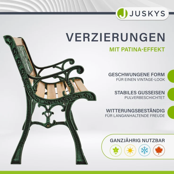 Juskys Gartenbank Venezia – 2-Sitzer Holzbank mit Armlehnen & Rückenlehne – wetterfeste Sitzbank 122x54x73 cm - Seitenelemente aus Gusseisen – Bild 7