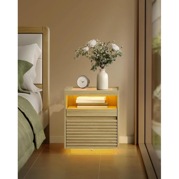 Vasagle Nachttisch mit LED-Beleuchtung und Schublade, Holz natur, 55 x 40 x 45 cm – Bild 8