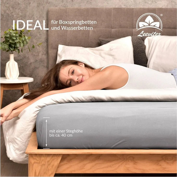 leevitex® Spannbettlaken Spannbettlaken Boxspringbett & Wasserbett Spannbettlaken 150 g/m², Gummizug: rundum, Mako-Baumwolle, ÖkoTex, 180x200 – 200x220 cm + 40 cm Steg – Bild 3