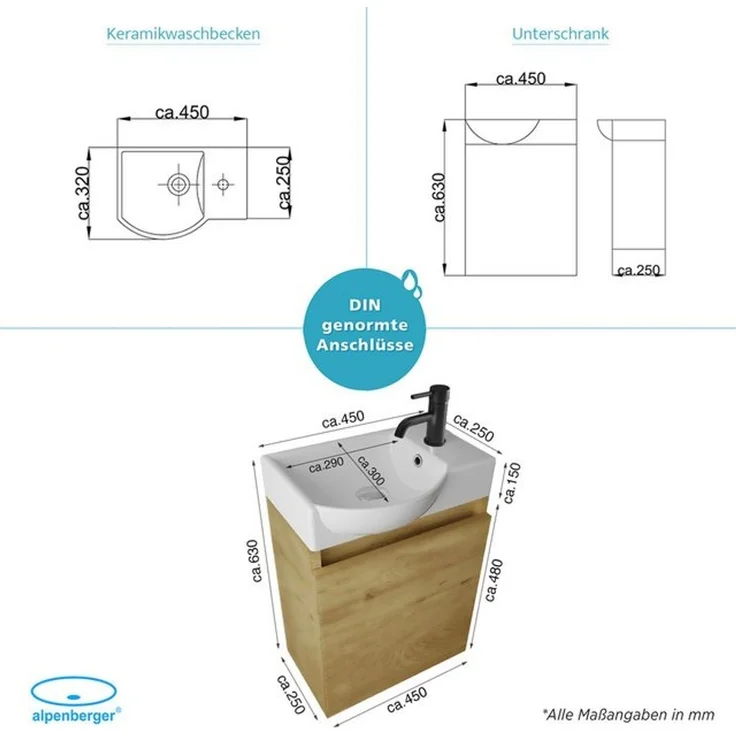 Alpenberger Badmöbel-Set Gäste WC Waschbecken mit Unterschrank - Hängeschrank Vormontiert, (Badschrank 2-tlg, Waschtisch hängend), Waschbeckenunterschrank mit Softclose – Bild 4
