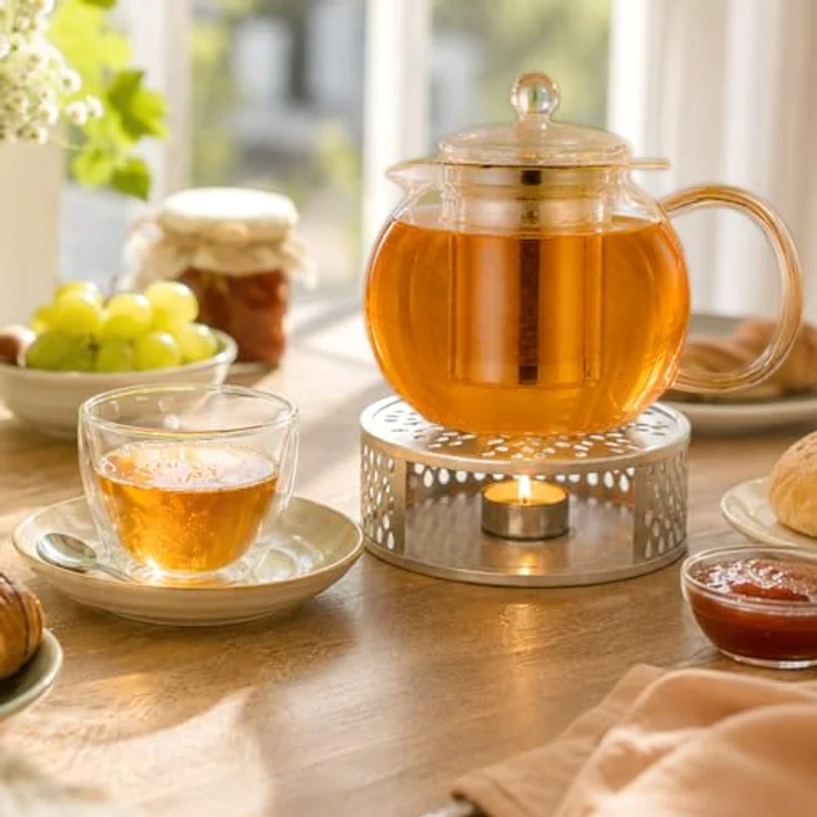 Creano Teekanne Creano Teekanne aus Glas 1,7l + ein Stövchen aus Edelstahl, 3-teilige, (Set, 4-St) – Bild 3