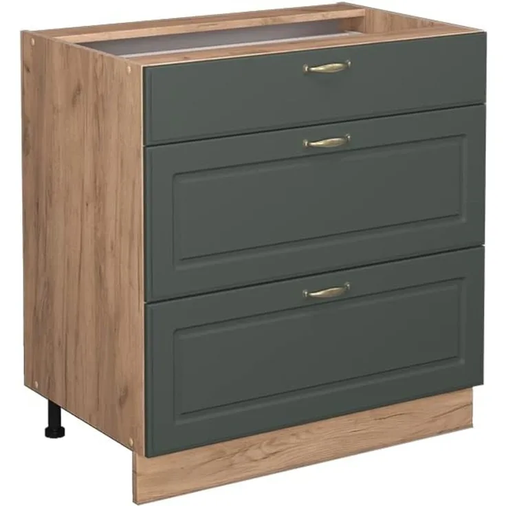 Küchenunterschrank Fame-Line Grün-Gold Landhaus 80 cm mit 3 Schubladen, ohne Arbeitsplatte Vicco