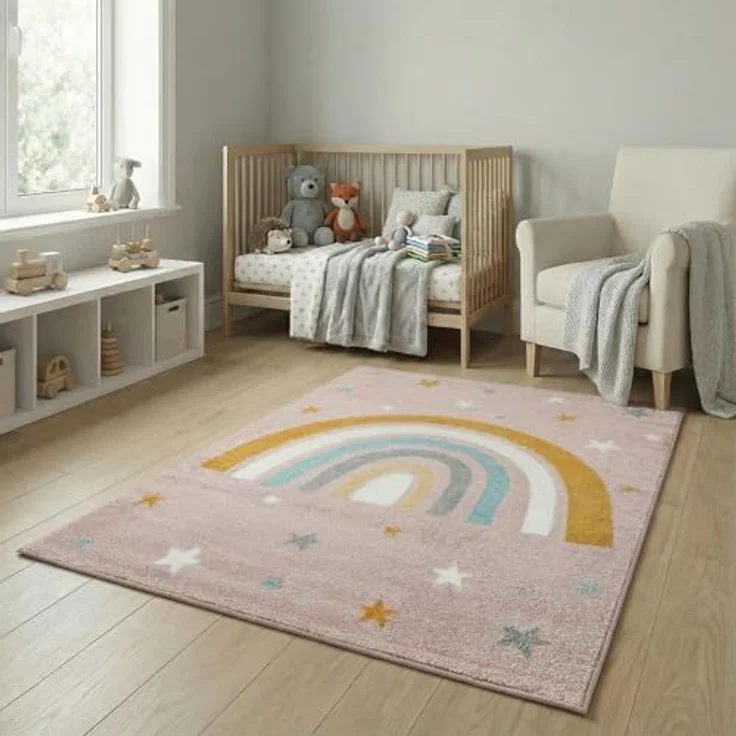 Jimri Kinderteppich DOTS l Pünktchen Gepunktet | Farbe: Beige Blau Rosa | Kinderzimmer/Jugendzimmer (Pink, 120x170 cm) – Bild 2