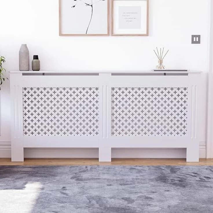 Vida Designs Oxford-Heizkörperabdeckung, moderner weißer MDF-Schrank mit Rillen, oberes Regal aus Holz, extra groß – Bild 4