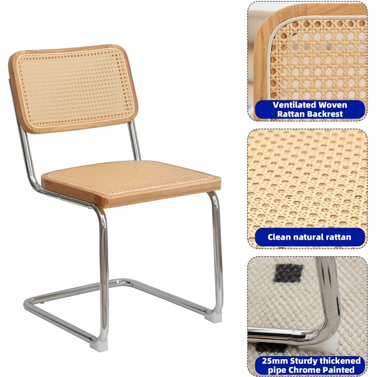 LVHOM 2er Set Freischwinger, Esszimmerstuhl mit Wiener Geflecht, Bauhaus Küchenstuhl aus Natur-Rattan, 25mm Chromgestell, stapelbarer Wohnzimmerstuhl, Natur – Bild 3