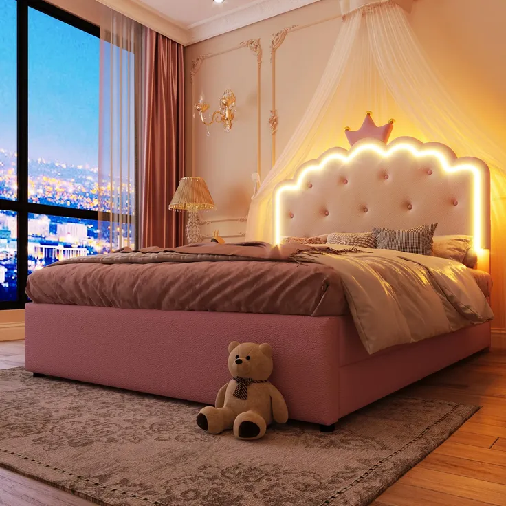 Prinzessinbett mit LED-Beleuchtung, Gästebett und Schubladen, Mädchenbett, Polsterbett für Mädchen, Doppelbett, Kunstleder, 140x200cm – Bild 2
