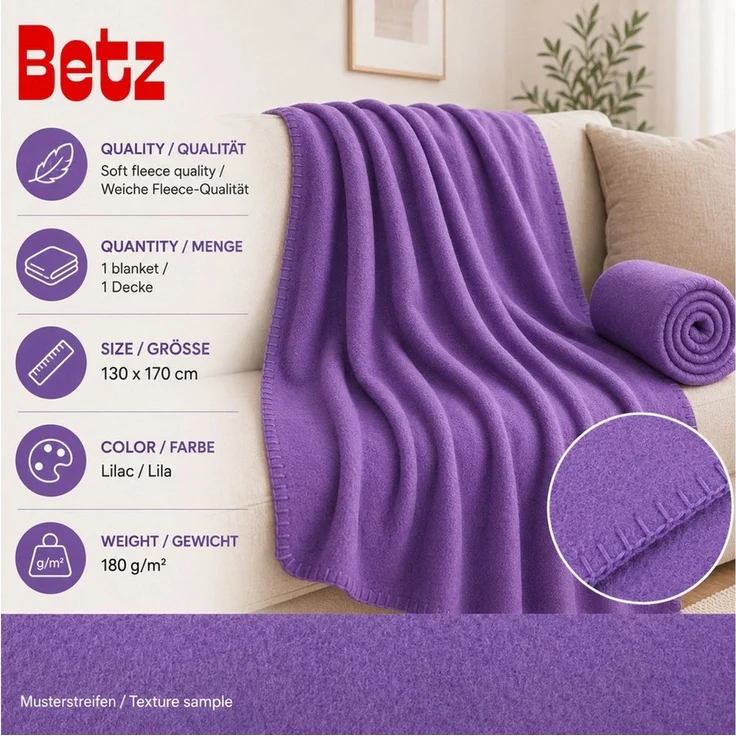 Wohndecke Luxus Fleecedecke Kuscheldecke Größe 130x170 cm Farbe lila, Betz, 180 g/m² – Bild 2