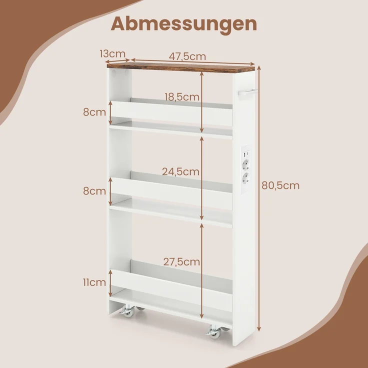 13 cm schlanker Aufbewahrungswagen mit Ladestation 4-stufiger rollbarer Küchenwagen mit Griff Rustikal Braun – Bild 2