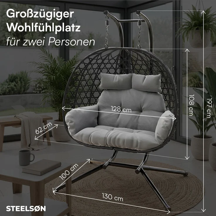 STEELSØN 'Sarin' Doppelhängesessel mit Metallgestell, höhenverstellbar und faltbar, wetterfest, Polyrattan, dunkelgrau/schwarz, bis 220 kg belastbar, inkl. Kissen – Bild 9