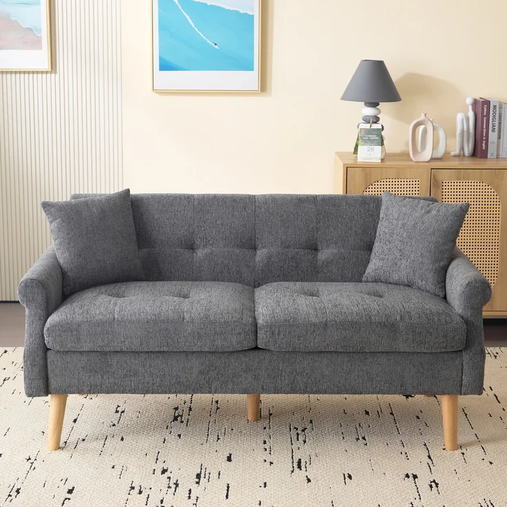 Sofa aus Chenille 2-Sitzer mit Massivholzfüßen, ergonomischem Design & 15 cm dickem Sitzkissen,Grau – Bild 3