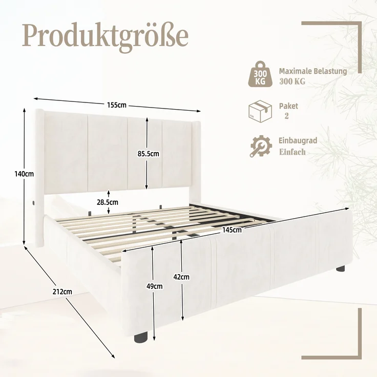 LVHOM Polsterbett hohem Kopfteil & Fußteil 140x200 cm Bettgestell, integriertem USB/Type-C-Anschluss und hochwertigem Samtstoff, Doppelbett – Bild 3