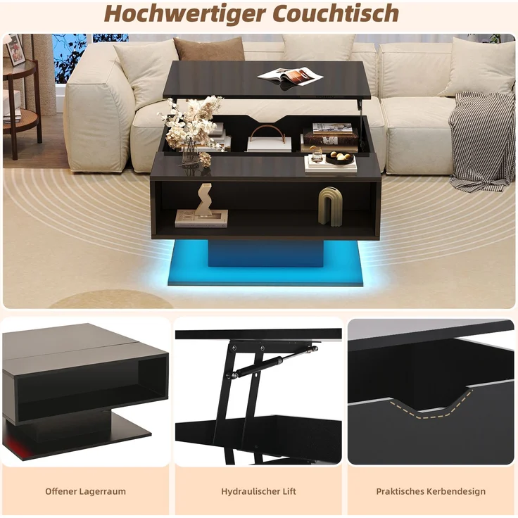 Couchtisch mit LED-Beleuchtung, verstecktem Stauraum und Hochglanzoptik, Lift-Design Sofatisch in Schwarz, mit USB-Anschluss – Bild 8