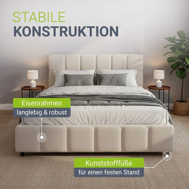 Juskys Polsterbett Florenz 140 x 200 cm – Bouclé, modernes Bett mit Kopf- & Fußteil, stabilem Holz- & Metallrahmen, Lattenrost, 500 kg Tragkraft – Creme – Bild 6