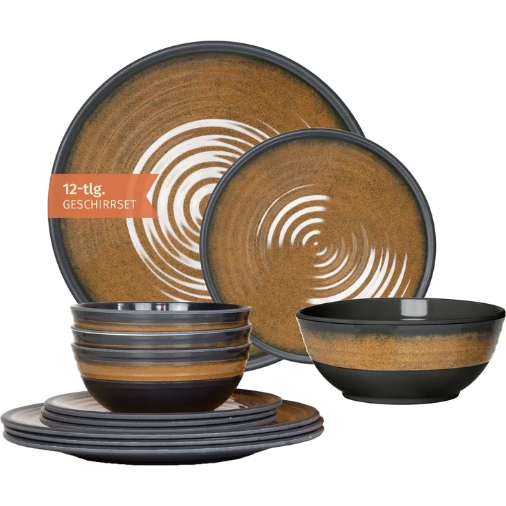 Moritz Camping Tafelgeschirr aus Melamin für 4 Personen 12-teilig | spülmaschinenfest | Picknick Geschirrset | Geschirr Campinggeschirr I Stone Curry Design – Bild 1