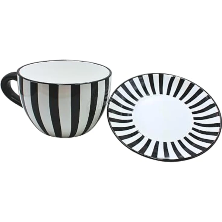 Dekohelden24 Blumentopf, Pflanztasse, Pflanzkübel, Pflanzgefäß, Blumenkübel, Pflanztopf. Übertopf als Tasse mit Griff aus Keramik, Motiv: Schwarz-Weiß-Gestreift, L/B/H 25 x 23 x 14 cm. – Bild 7