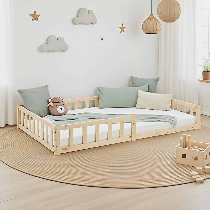 Kinderbett 120x200 mit Matratze Bodenbett mit Rausfallschutz Montessori Bett Kleinkindbett Holz Kiefer Natur Massiv Einzelbett Lattenrost – Bild 3