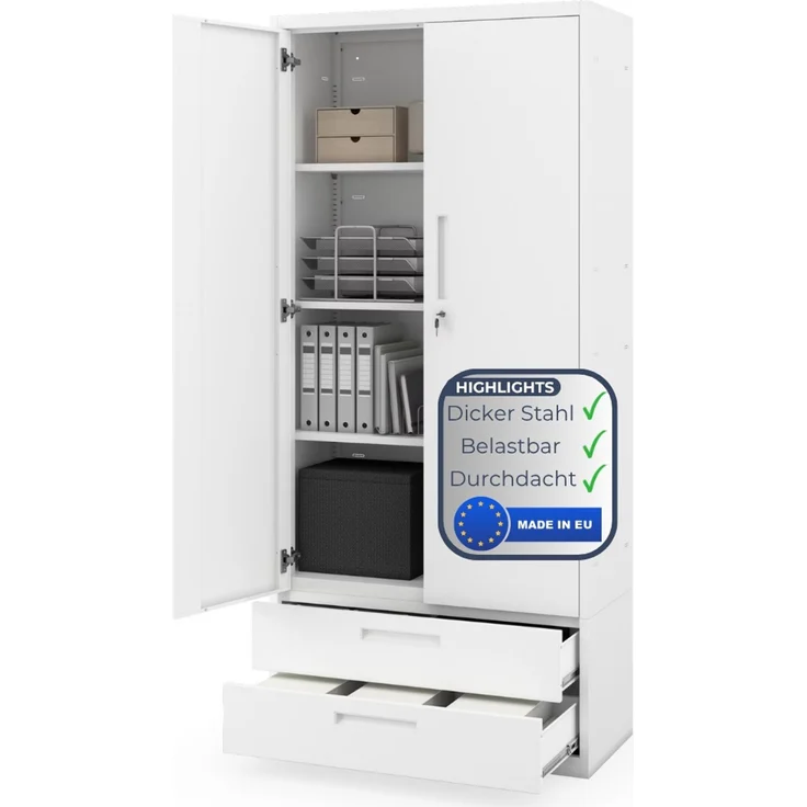 Metallschrank mit Doppel-Schublade RUEL - 195x90x40cm Weiß | Büroschrank Aktenschrank Stahlschrank Fachbodenschrank Werkstattschrank – Bild 1