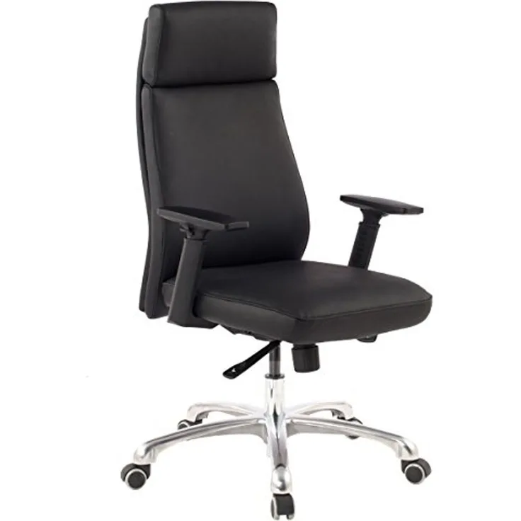 Bürostuhl PORTO Echt-Leder Schwarz ergonomisch mit Kopfstütze, Design Chefsessel Schreibtischstuhl ergonomisch mit Wippfunktion, Drehstuhl mit Armlehnen X-XL 120 kg