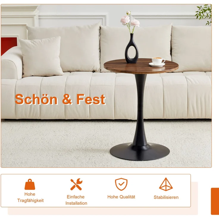 Beistelltisch-Set Ø 60x72 cm mit 2 Stühlen – runder Tisch aus MDF und Metall, PU in Hellgrau/Schwarz/Walnuss – Bild 9