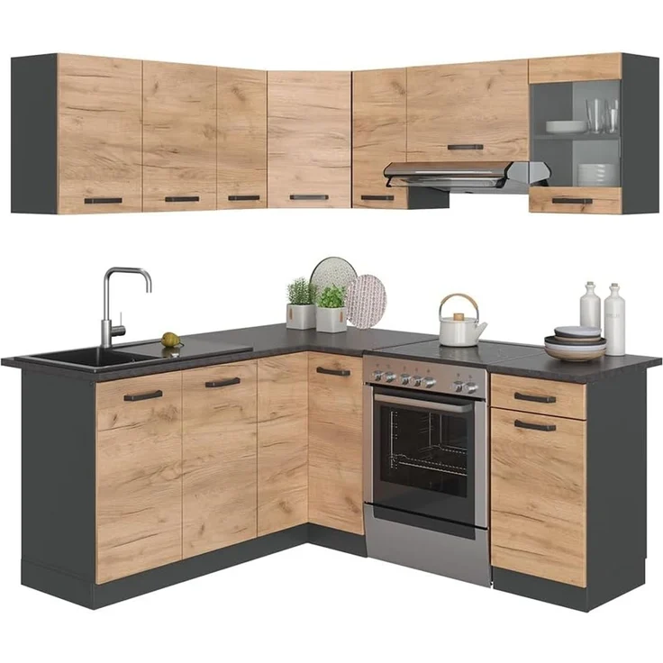 Eckküche R-Line Goldkraft Eiche/Anthrazit 187 x 167 cm, AP Anthrazit mit LED-Leisten Vicco – Bild 8