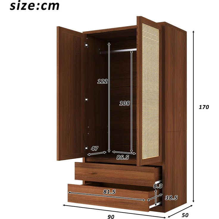 Kleiderschrank 90 x 50 x 170 cm aus Holz und MDF mit Rattan-Design und 2 Schubladen – Bild 4