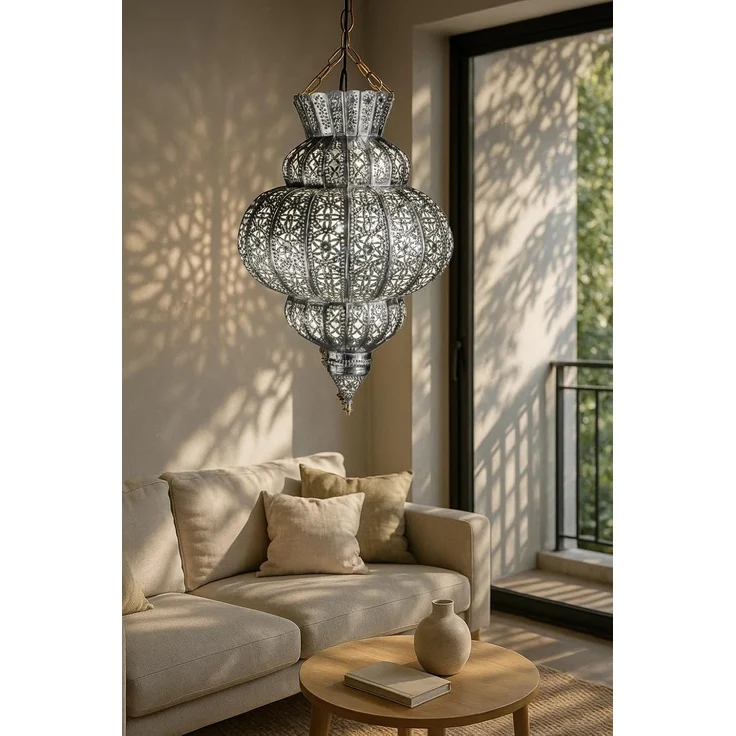 Marrakesch Orient & Mediterran Interior Pendelleuchte Orientalische Pendelleuchte Harem Silber 45cm, Lampe für Wohnzimmer, Handarbeit – Bild 7