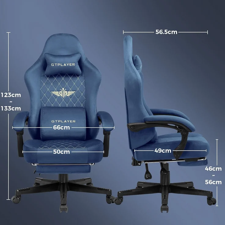 GTPLAYER Gaming Stuhl Stoff Gaming Chair Ergonomisch Bürostuh PC Stuhl, 150kg Belastbarkeit, Verstellbarer und Drehbarer Schreibtischstuh mit Federsitzkissen und Fußstütze, BLAU – Bild 4