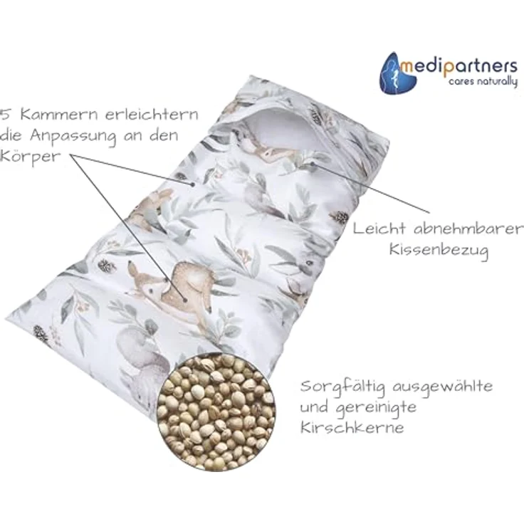 Medi Partners Kirschkernkissen Mikrowelle 60x20cm Körnerkissen groß Wärmekissen 800g 100% Baumwolle 5 kammern abnehmbarer Bezug - Kirschkernkissen nacken schulter Kältetherapie (Hirsch in Blättern) – Bild 4