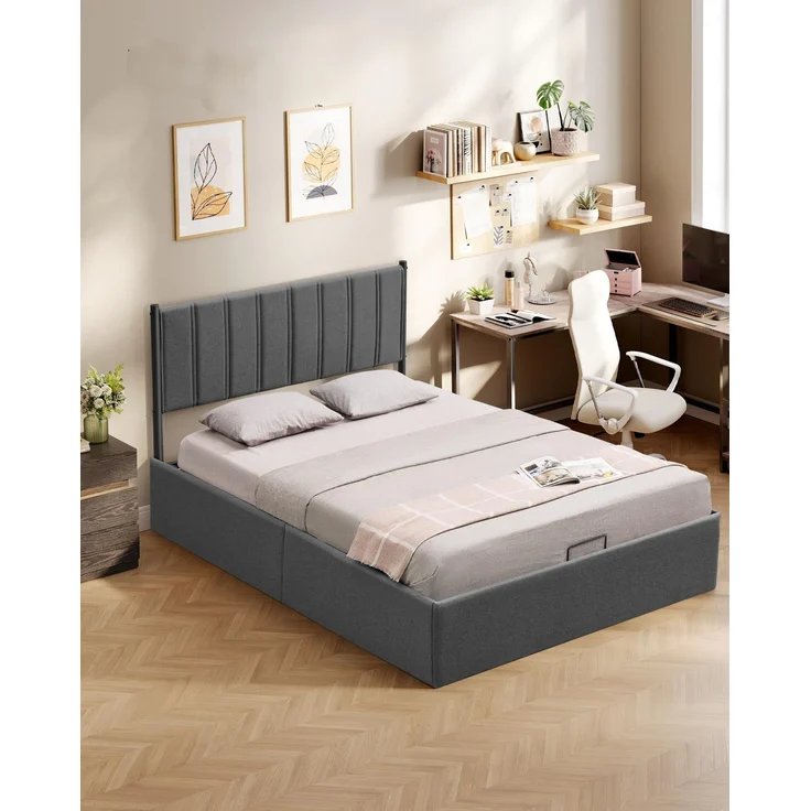 VASAGLE Bettgestell, Bettrahmen, Bett, 140 x 200 cm, klappbar Lattenrost, Unterbettaufbewahrung, Kopfteil, Hydrauliksystem, modern, einfache Montage, dunkelgrau – Bild 2