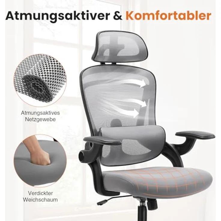 Sweetcrispy Ergonomischer Bürostuhl, Schreibtischstuhl Ergonomisch, Atmungsaktiver Netzstuhl mit Verstellbarer Kopfstütze, Armlehnen, Höhenverstellbarer Lendenwirbelstütze, für Homeoffice, Grau – Bild 5