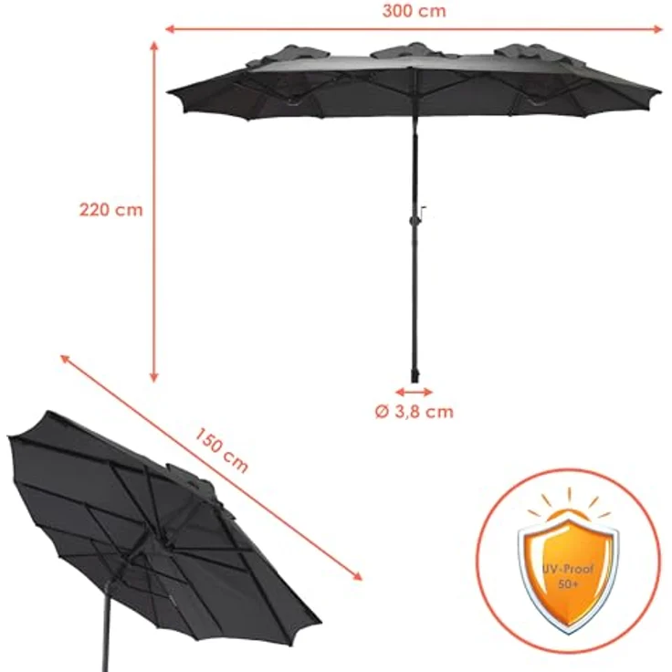Spetebo Sonnenschirm Doppel Sonnenschirm 300 x 150 cm - anthrazit, LxB: 300.00x150.00 cm, Packung, mit Handkurbel, Drei Kuppel Sonnenschutz Gartenschirm – Bild 3