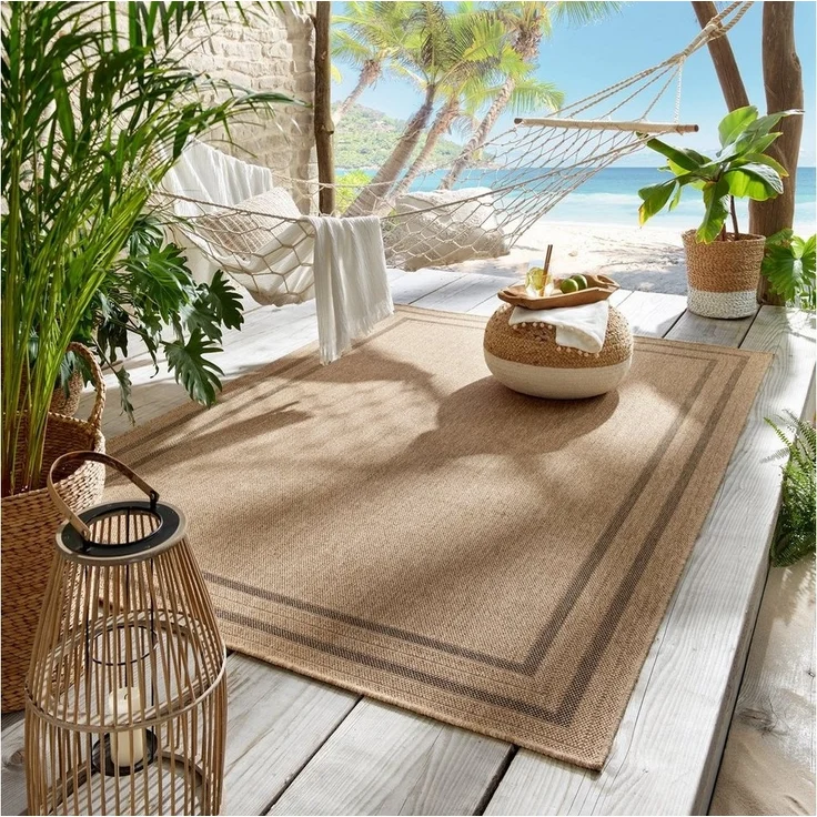 TaraCarpet Teppich Outdoor & Indoor Teppich wetterfest Borneo Sisal-Jute-Optik naturfarbe, rechteckig, Höhe: 10 mm, Kurzflor Bordüre S In & Outdoor Balkon Terrasse Wohnzimmer 67x180 – Bild 2