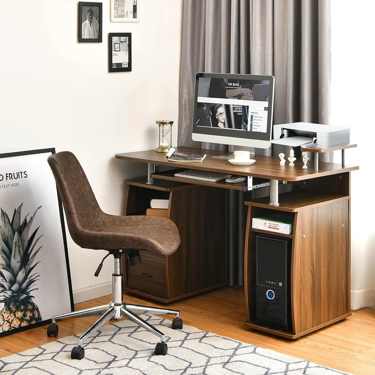 COSTWAY Computertisch Schreibtisch Buerotisch Arbeitstisch PC-Tisch mit Tastaturauszug Druckerablage Schubladen Walnuss – Bild 2