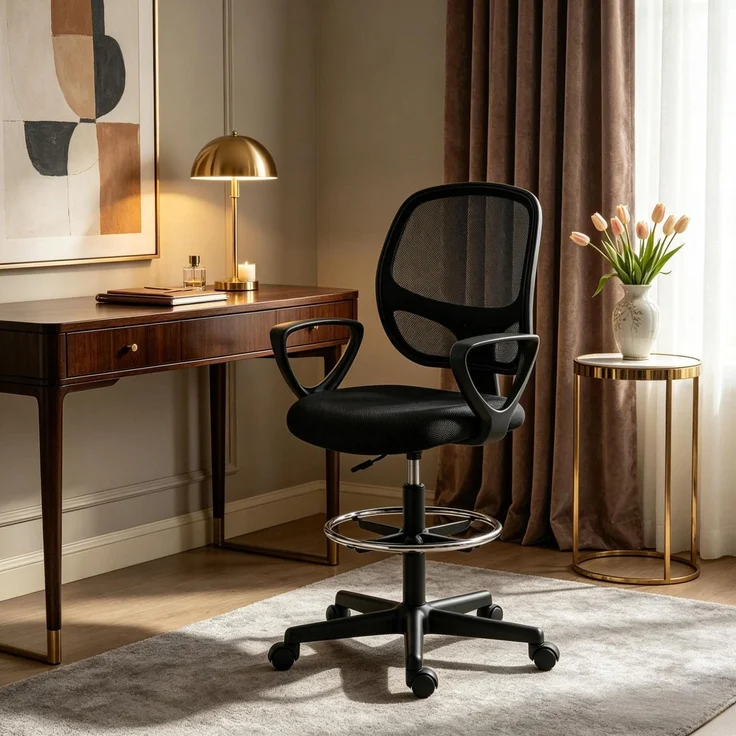 Bürostuhl mit Netzrücken, Fußring & höhenverstellbarem Sitz, 59x58x103-123 cm, Schwarz – Bild 3