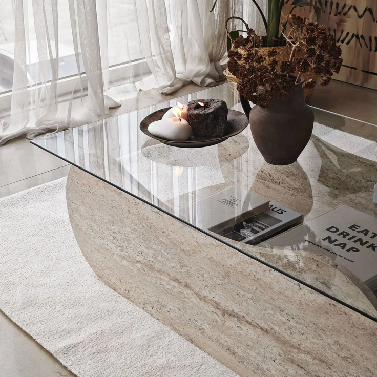 Modern Coffee Table, 105 cm Width, 35 cm Height, 65 cm Depth | 100% Tempered Glass & Melamine Coated Frame | Elegant Travertine & Transparent Design – Bild 6