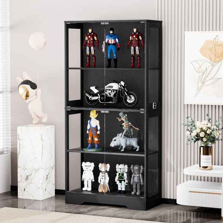 Vierstöckige Glasvitrine mit Stauraum, LED-Beleuchtung, Glastüren und intelligenten Sensoren, Als Glasvitrine für Wohnzimmer, Schlafzimmer und Büros geeignet, Schwarz--Schwarz--80x35x165cm--YOUDENOVA – Bild 4