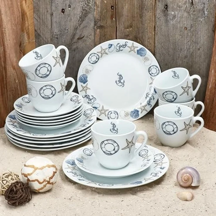 MamboCat Kaffeeservice Neptun 18tlg Kaffeeservice Porzellan 6Pers Tasse Teller Anker maritim, Porzellan – Bild 2