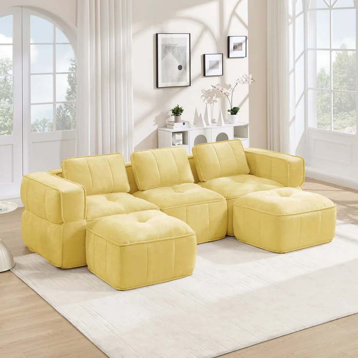 EINHOM 3-Sitzer U-förmiges Modulsofa mit 2 Hockern, ohne Gestell, 32D-Hochdichteschaum, tiefe Sitzfläche, hautfreundlicher, weicher Stoff, ideal für Wohnzimmer, keine Montage erforderlich, Gelb – Bild 4