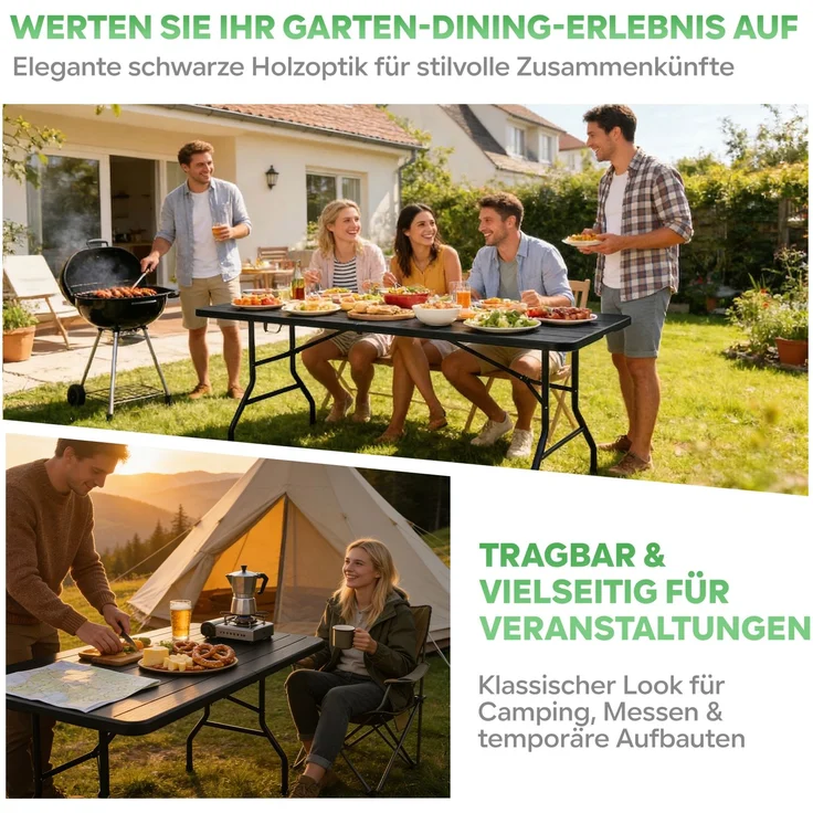 Eiryss Klappbarer Gartentisch 180x74cm, Outdoor Campingtisch für 8 Personen, schwarz mit Holzoptik-Kunststoffplatte, Metallrahmen, belastbar 150kg, 3 Sicherheitsverschlüsse, Buffetstisch für Garten, Balkon – Bild 9